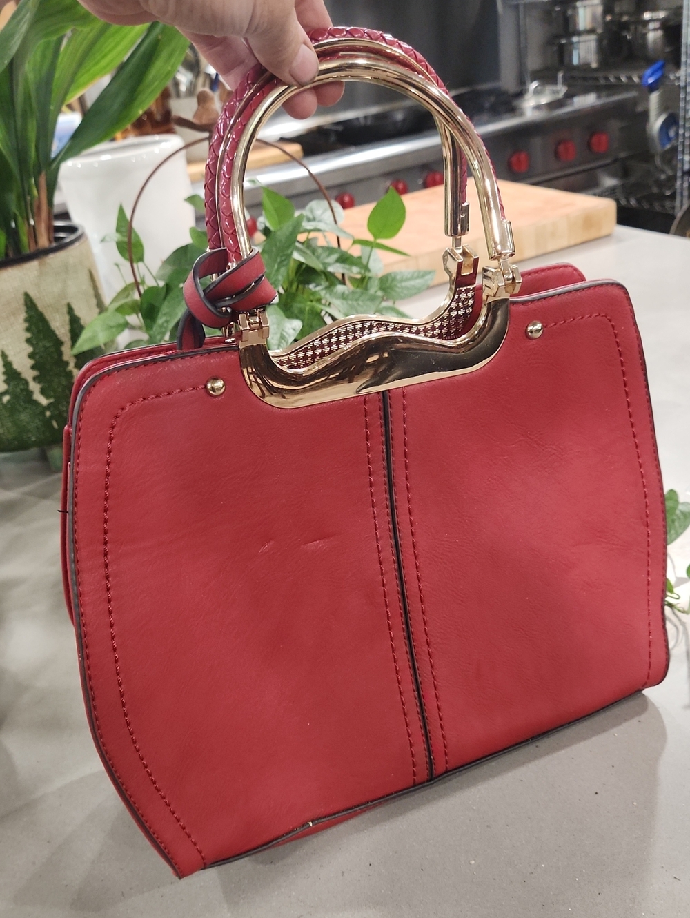Red Women's Structured Top-Handle Bag with Gold Accent
